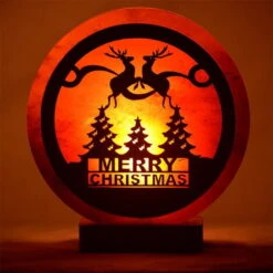 Lampada Di Sale Himalayano Rosa Naturale Rotonda Con Sfondo Natalizio Marry Christmas Da 5Kg LedLedITALIA