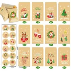 48 Sacchetti Di Carta + 48 Adesivi Di Carta Kraft Christmas Candy Cookie Pouch Confezioni Regalo Babbo Natale Pupazzo Di Neve Fox